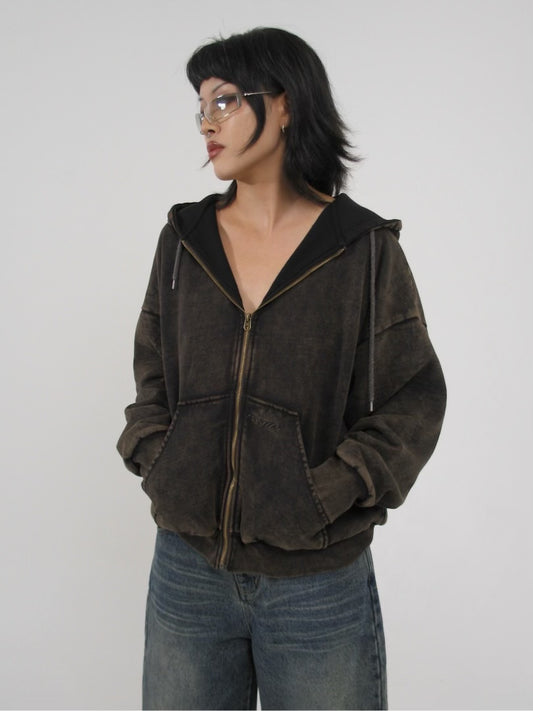 Washed Brown Zip Sweater